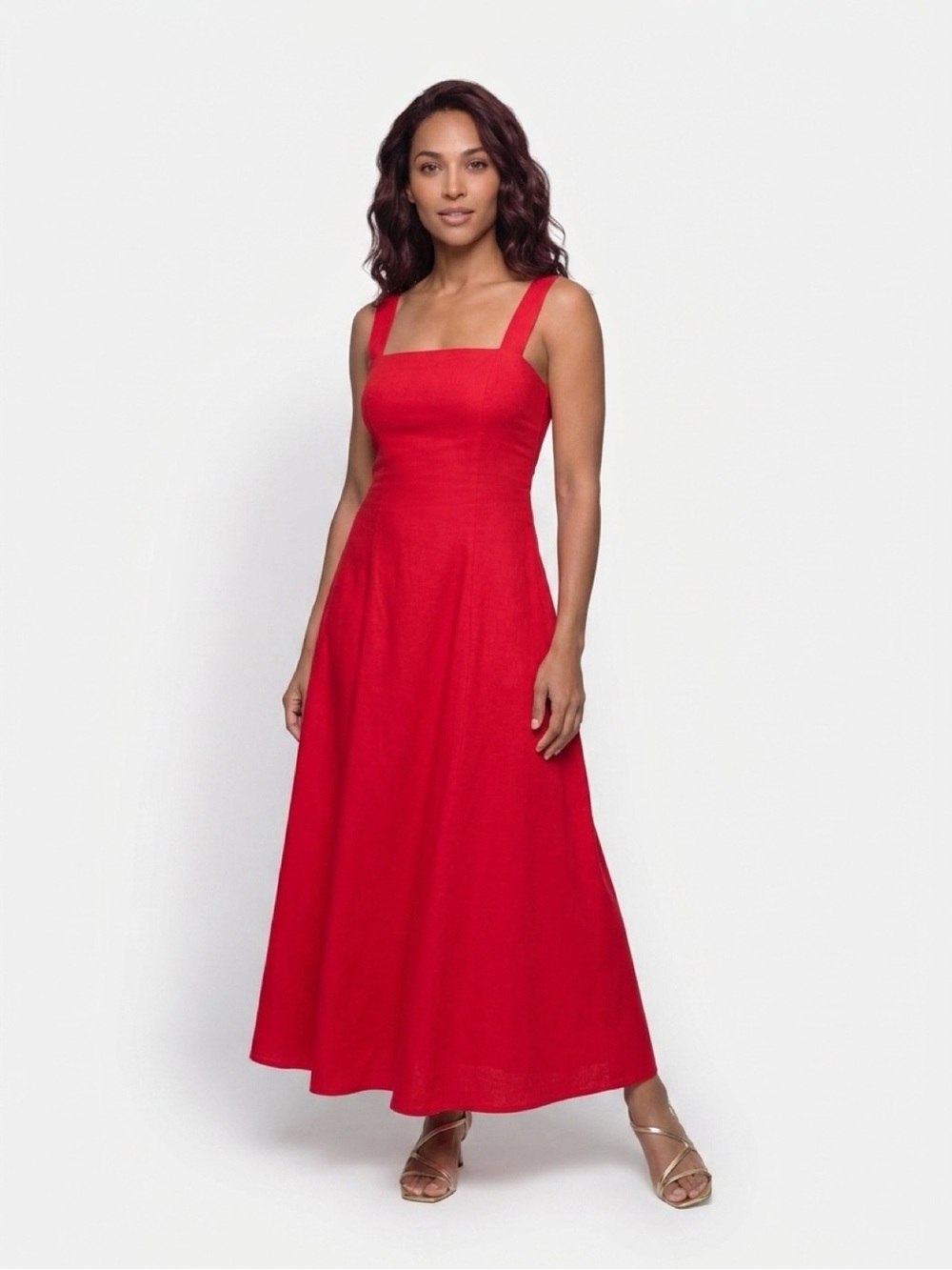 Women’s Red Square-Neck Maxi Dress - Classic Sleeveless Design